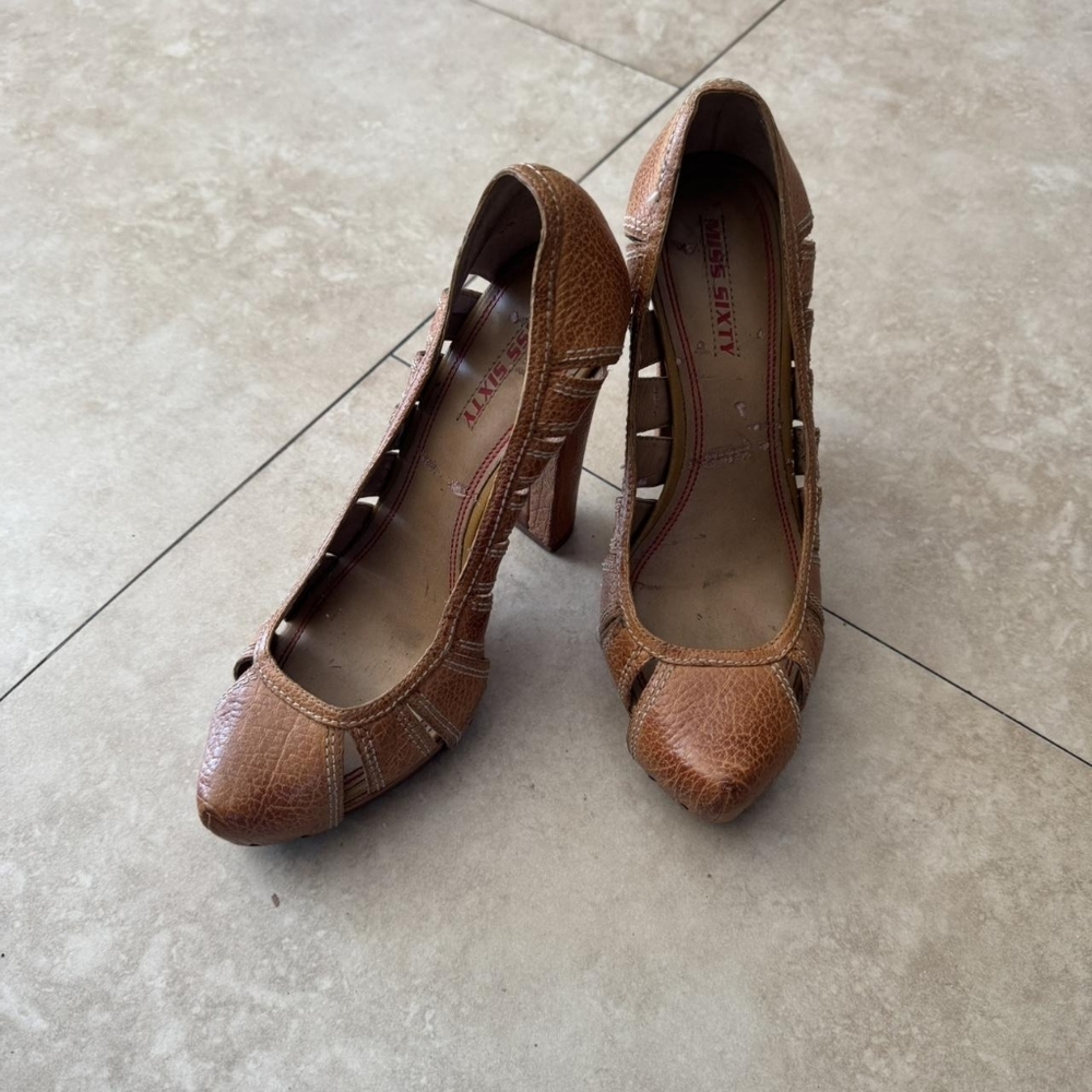 Miss Sixty Brown and Tan Leather Round Toe Heels